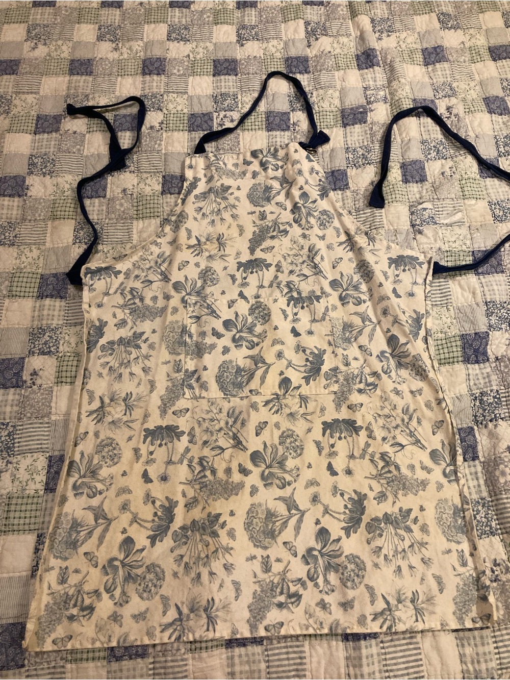 Floral Cotton Apron with Navy Ties - Blue and White